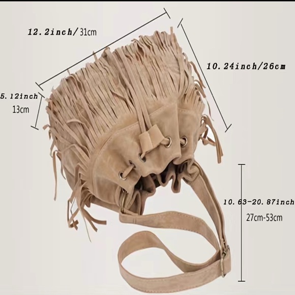 NWOT boho fringe faux suede bucket bag - Picture 2 of 5